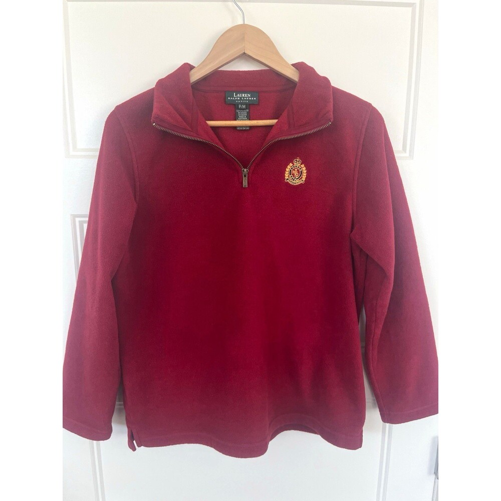 Vtg 90s Lauren Ralph Lauren Crest 1/4 Zip Red Fleece Pullover Sweater P/M LRL